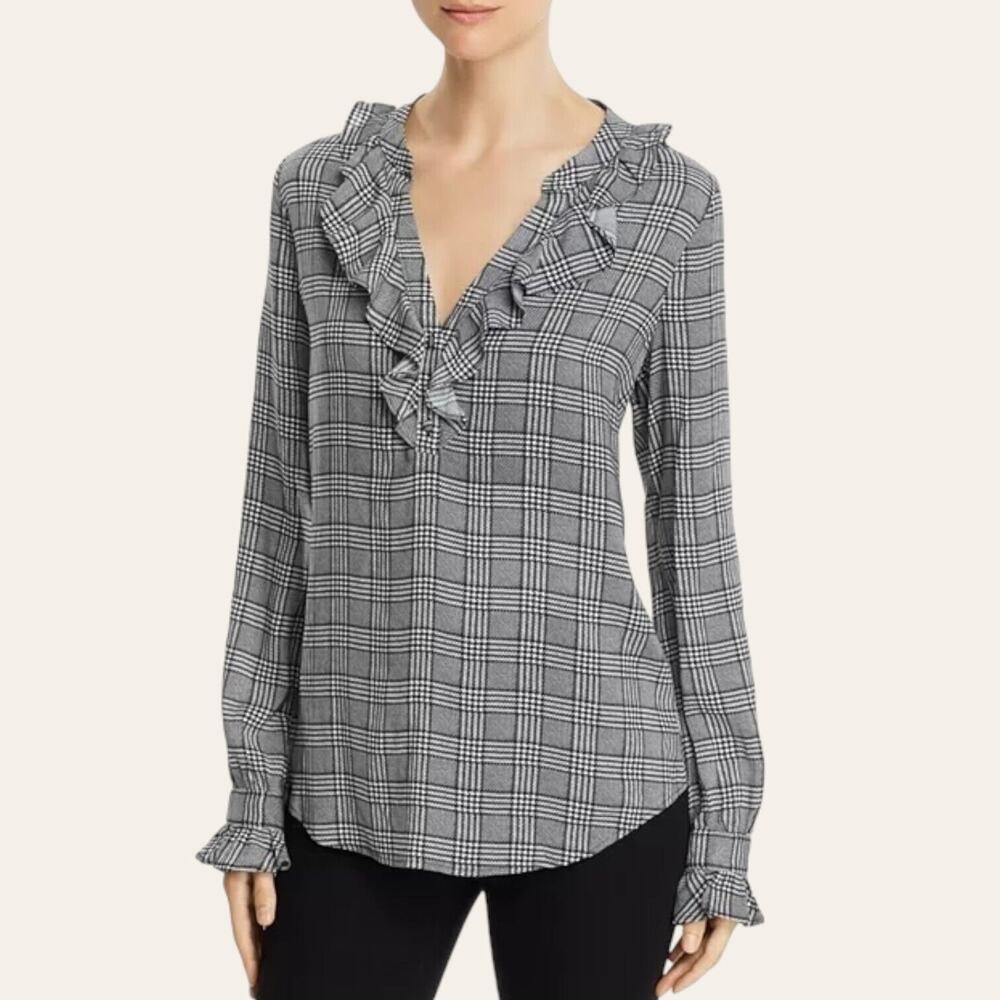 PAIGE Amalfi Houndstooth Top Ruffle Blouse V-Neck Plaid Chic Trendy Black XS/S
